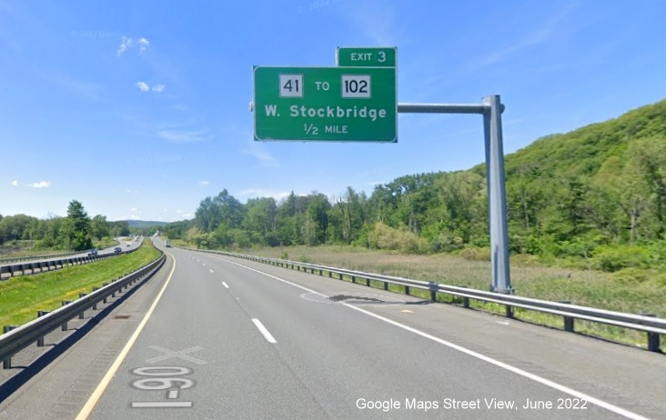 Image of new 1/2 mile advance sign for MA 41 to MA 102 exit with new milepost based exit number on I-90 West in West Stockbridge, Google Maps Street View, June 2022