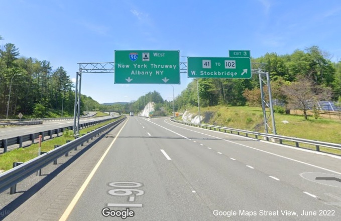 Image of overhead signage at ramp for MA 41 to MA 102 exit with new milepost based exit number on I-90 West in West Stockbridge, Google Maps Street View, June 2022