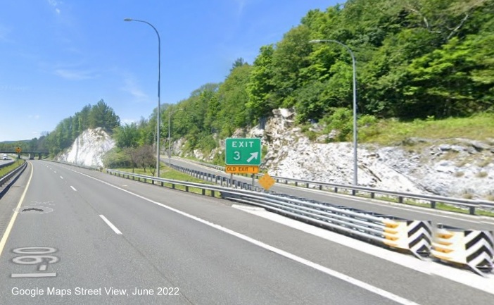 Image of gore sign for MA 41 to MA 102 exit with new milepost based exit number on I-90 West in West Stockbridge, Google Maps Street View, June 2022
