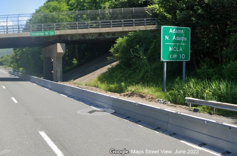 Image of auxiliary sign for US 20 exit with new milepost based exit number on I-90/Mass Pike East in Lee, Google Maps Street View image, June 2022
