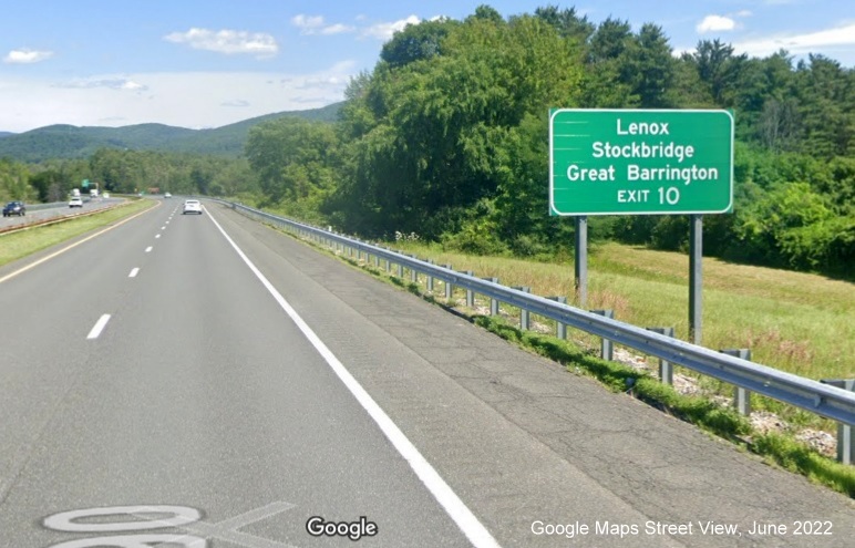 Image of auxiliary sign for US 20 exit with new milepost based exit number on I-90/Mass Pike East in Lee, Google Maps Street View image, June 2022