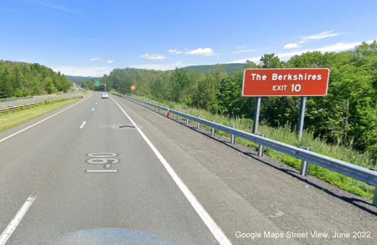 Image of brown attractions sign for US 20 exit with new milepost based exit number on I-90/Mass Pike East in Lee, Google Maps Street View image, June 2022