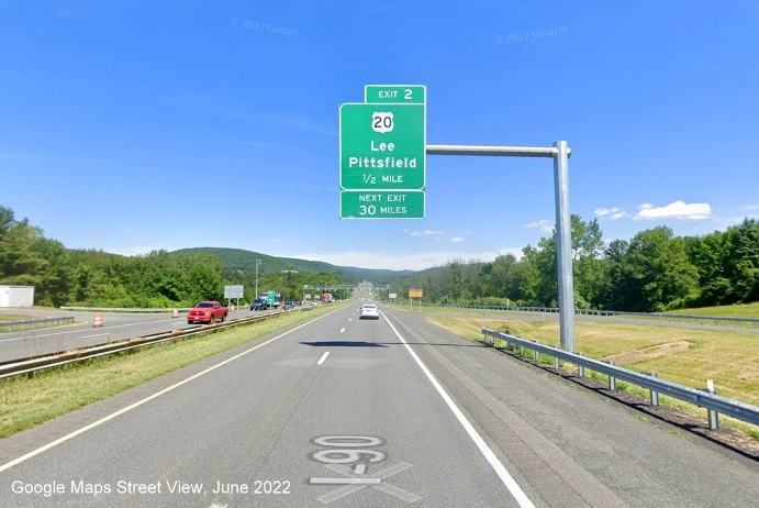 Image of 1/2 mile advance overhead sign for US 20 exit without milepost based exit number, but listing exit 2 on I-90/Mass Pike East in Lee, Google Maps Street View image, June 2022