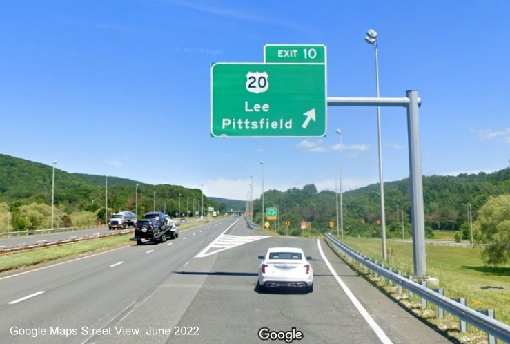 Image of overhead ramp sign for US 20 exit with new milepost based exit number and gore sign with new number and yellow Old Exit 2 sign below on I-90/Mass Pike East in Lee, Google Maps Street View image, June 2022