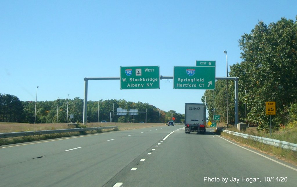 Image of newly installed overhead signs at I-291 exit on I-90/Mass Pike West in Springfield, by Jay Hogan October 2020