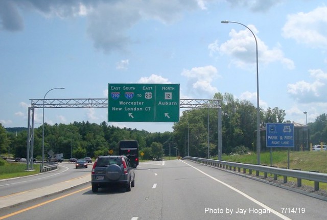 Image of overhead guide signage on site of former Auburn toll plaza from I-90/Mass Pike to I-290 East/I-395 South/MA 12, by Jay Hogan