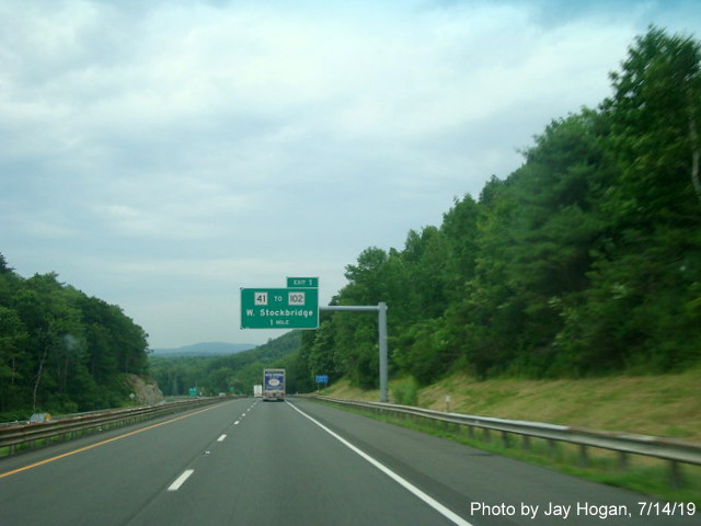 Image of 1-mile advance overhead sign for MA 41 to MA 102 exit on I-90/Mass Pike in West Stockbridge, by Jay Hogan