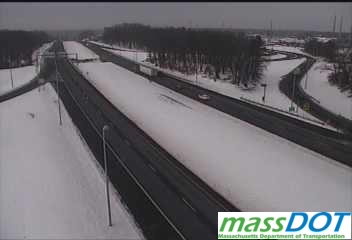 MassDOT traffic camera image at I-291 exit in Springfield showing new milepost number on gore sign, December 2020