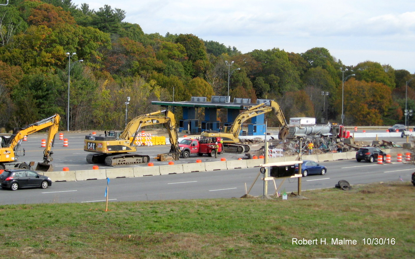 Image of toll demolition under way at Weston Toll Plazas of I-90/Mass Pike after start of electronic tolling