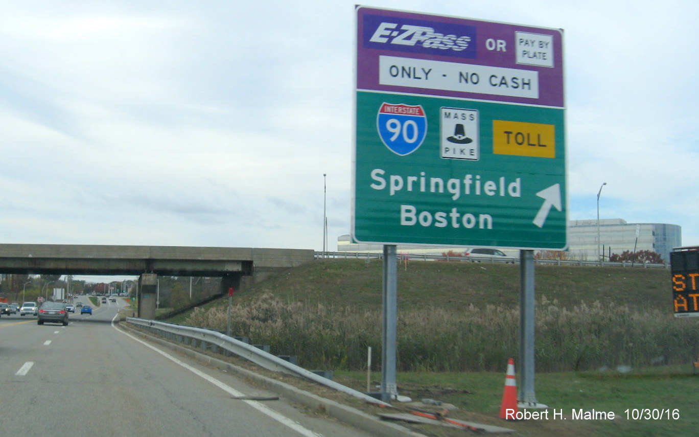 Image of new signage for I-90/Mass Pike entrance from MA 30 West after initiation of electronic tolling