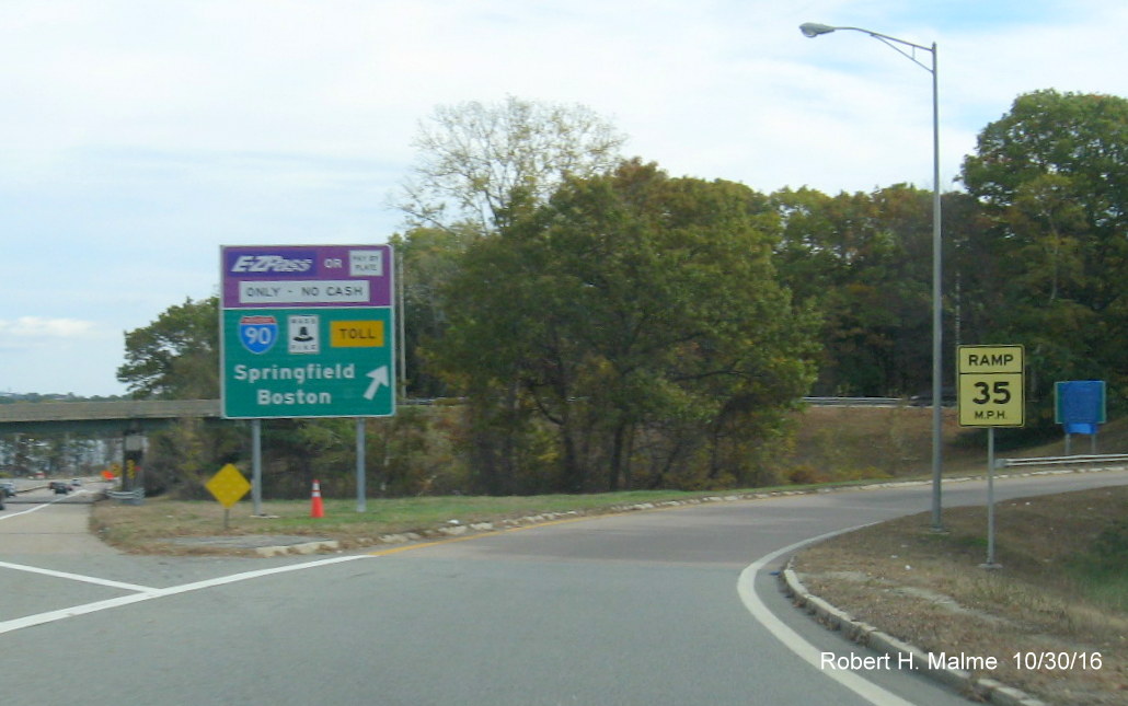 Image of signage at MA 9 East entrance to I-90/Mass Pike in Framingham after initiation of electronic tolling
