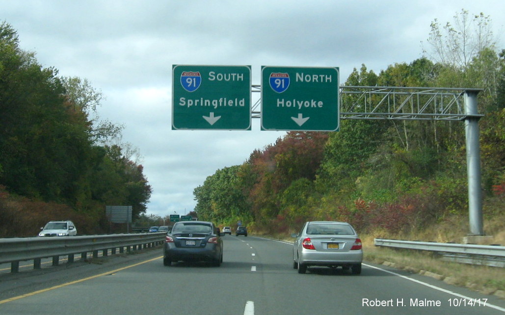 New 2-sign cantilever overhead signs for I-91 exits on ramp from I-90/Mass Pike in West Springfield