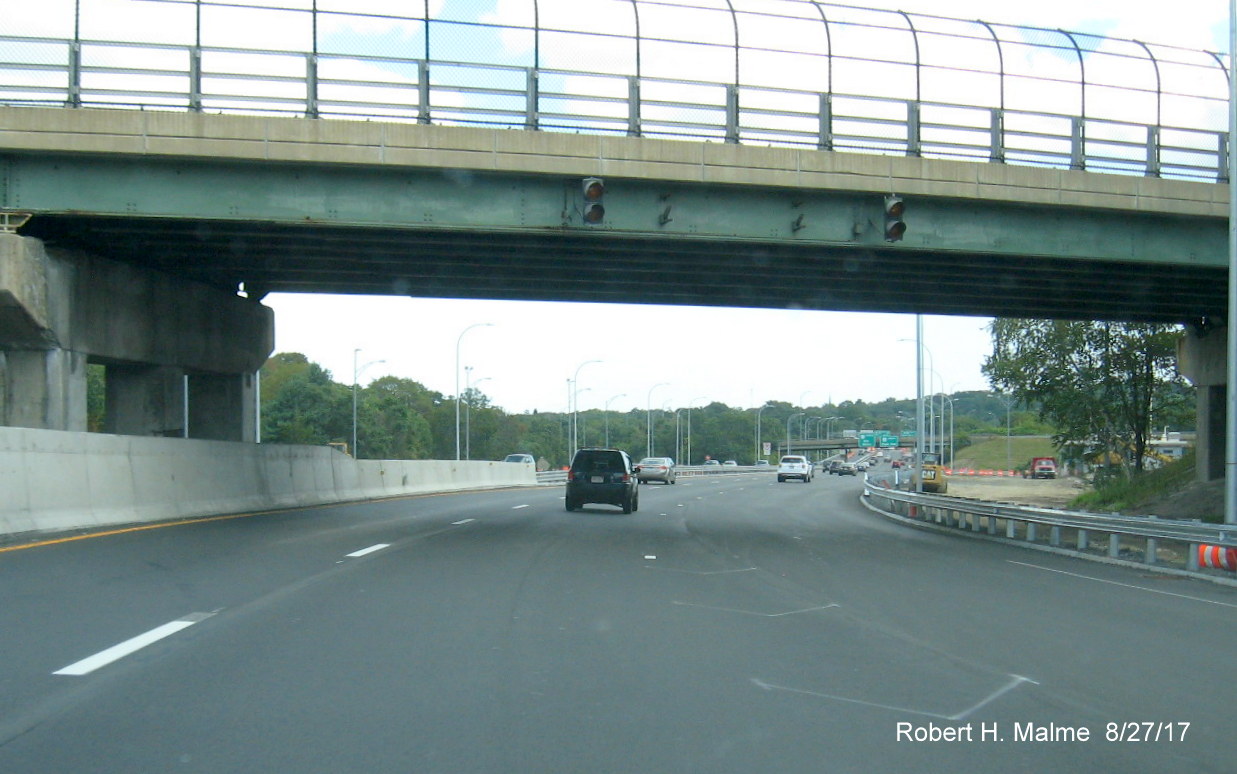 Image taken of repaved lanes from I-90/Mass Pike to I-95 at site of former toll plaza in Weston