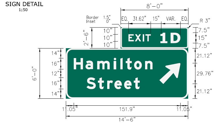 Image of I-91 South Hamilton Street Exit 1D sign plan in New Haven, CTDOT, 
 February 2026