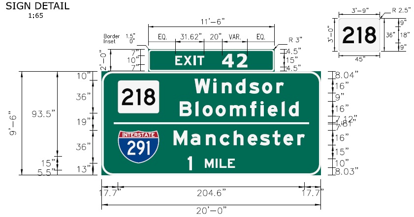 Image of I-91 CT 218/I-291 Exit 42 sign plan in Bloomfield, CTDOT, 
 February 2026