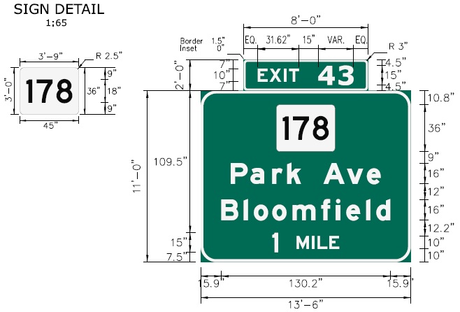 Image of I-91 CT 178 Exit 43 sign plan in Bloomfield, CTDOT, 
 February 2026