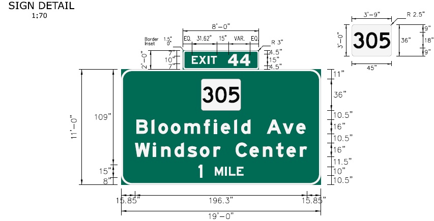 Image of I-91 CT 305 Exit 44 sign plan in Windsor, CTDOT, 
 February 2026