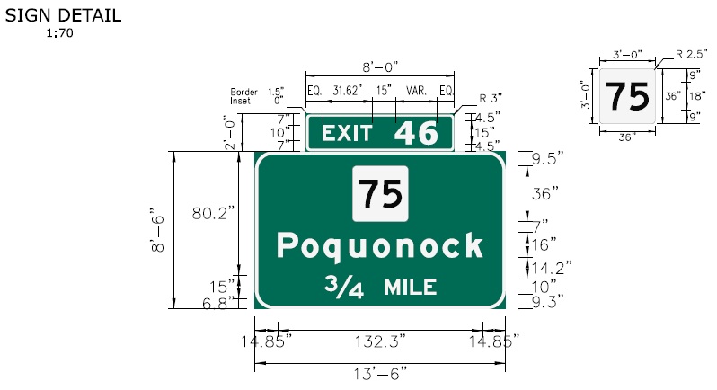 Image of I-91 CT 75 Exit 46 sign plan in Poquonock, CTDOT, 
 February 2026