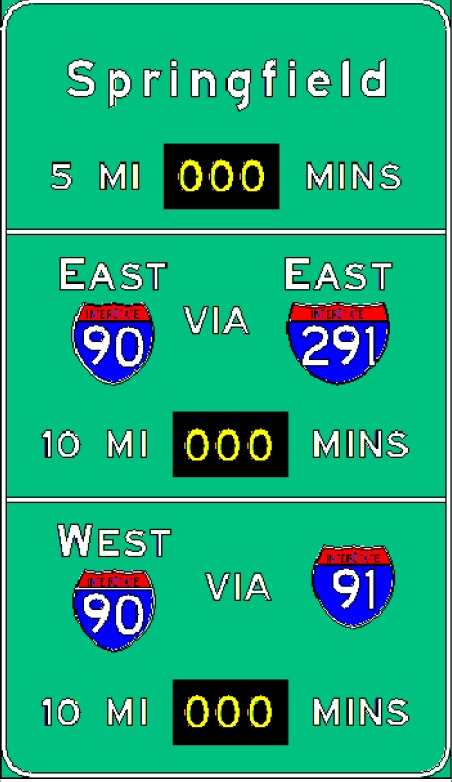 Sketch of planned RTT sign along I-91 in W. Springfield, from MassDOT