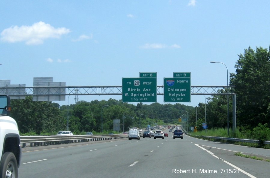 Image of 1 1/2 Miles advance sign for Birnie Avenue exit with new milepost based exit number on I-91 South
                                         in West Springfield, July 2021