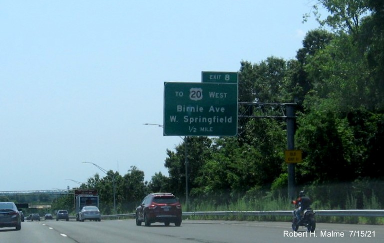 Image of 1/2 Mile advance sign for Birnie Avenue exit with new milepost based exit number on I-91 South 
                                         in West Springfield, July 2021