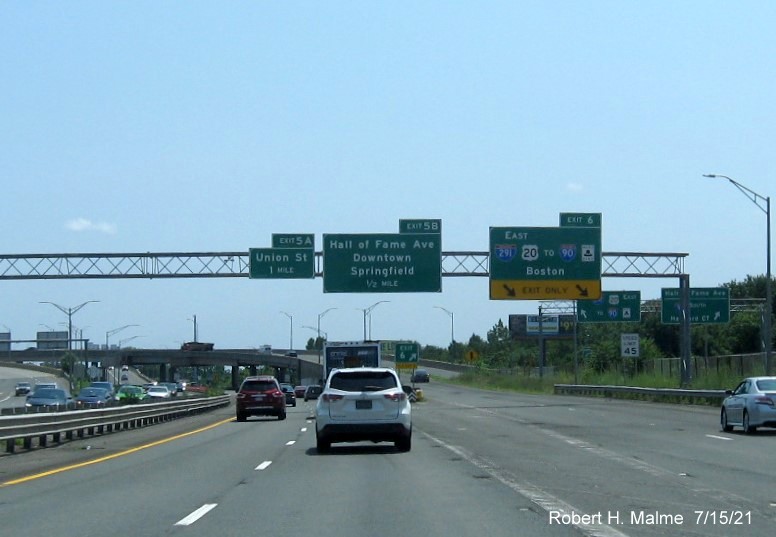 Image of overhead ramp sign with new milepost based exit number for I-291/US 20 East exit on I-91 South in West Springfield, July 2021