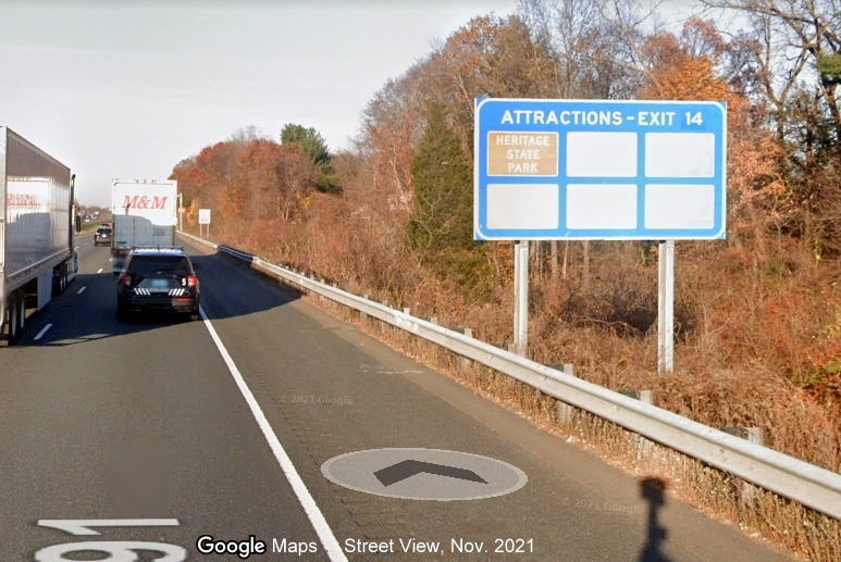 Image of blue Attractions services sign for US 202 exit with new milepost based exit number on I-91 North in Holyoke, Google Maps Street View image, November 2021