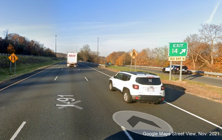 Image of gore sign for US 202 exit with new milepost based exit number on I-91 North in Holyoke, Google Maps Street View image, November 2021