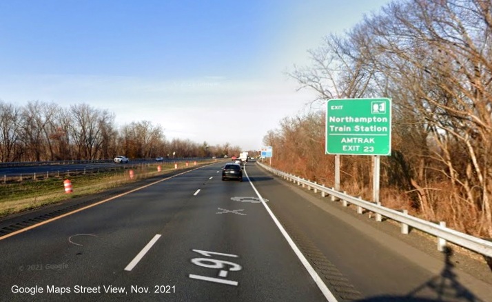 Image of auxiliary sign for US 5 exit with new milepost based exit number on I-91 North in Northampton, Google Maps Street View image, November 2021