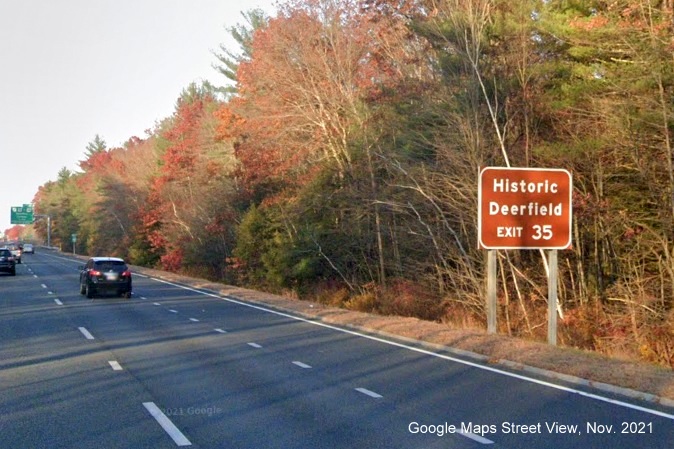 Image of brown auxiliary sign for US 5/MA 10 to MA 116 exit with new milepost based exit number on I-91 North in Deerfield, Google Maps Street View image, November 2021
