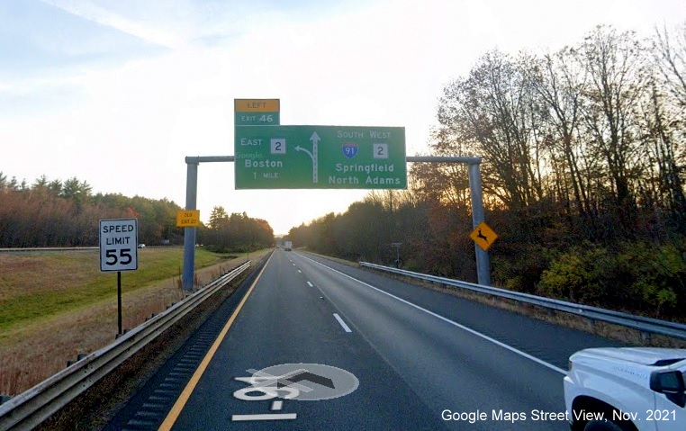Image of 1 Mile advance diagrammatic sign for MA 2 East exit with new milepost based exit number on I-91 South in Greenfield, Google Maps Street View image, November 2021