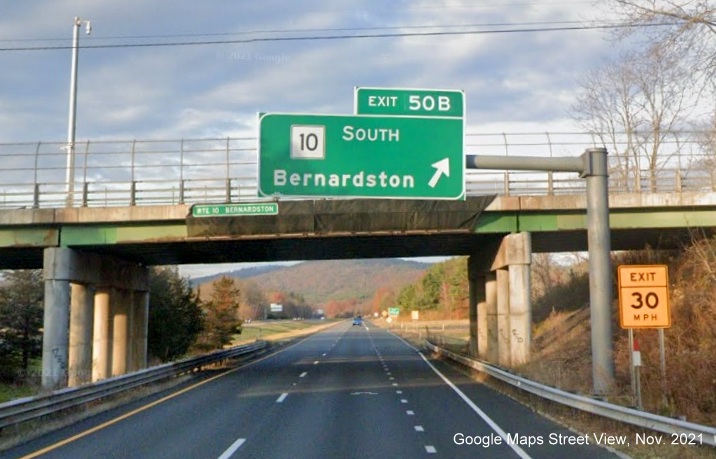 Image of overhead ramp sign for MA 10 South exit with new milepost based exit number on I-91 North in Bernardston, Google Maps Street View image, November 2021 