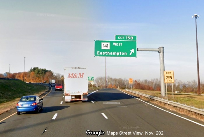 Image of overhead ramp sign for MA 141 West exit with new milepost based exit number on I-91 North in Holyoke, Google Maps Street View image, November 2021