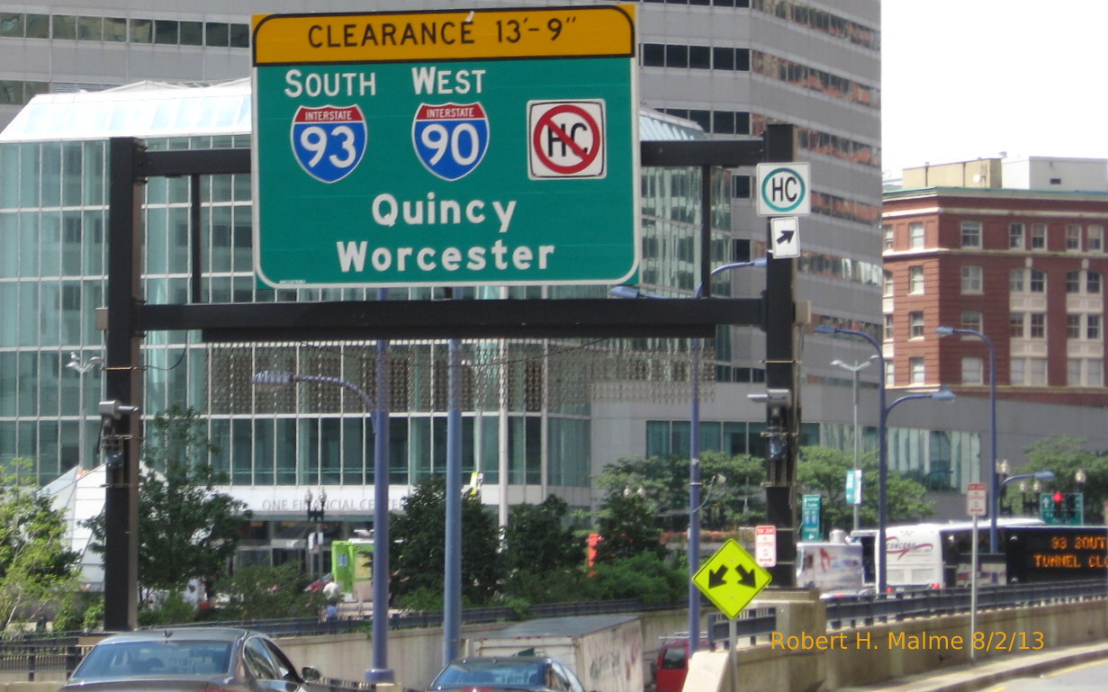 Photo of on-ramp signage to I-93 and I-90 near South Station
