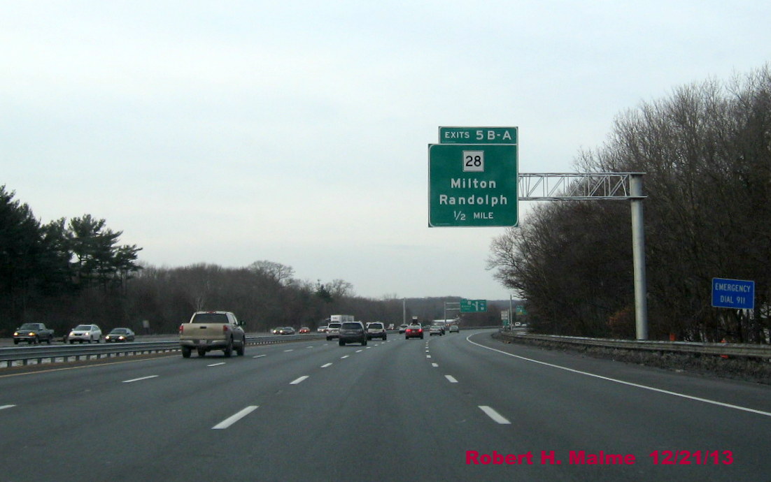 Image of New 1/2 Mile Advance Overhead Sign for MA 28 Exit on I-93 South in Quincy, 12/21/13