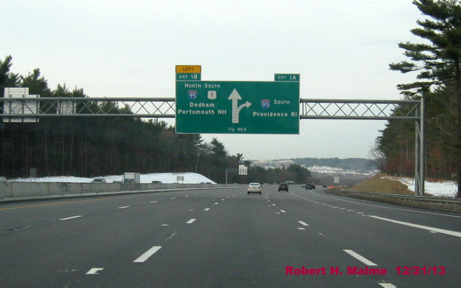 Image of new left side exit tab on pre-existing I-95 Exit Diagrammatic Sign on I-93/US 1 South in Canton, 12/21/13