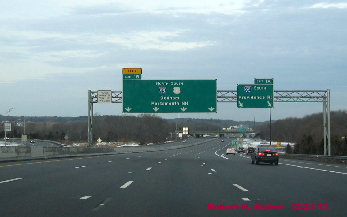 Image of New Left Hand Exit 1B Table placed upon I-95 North Overhead Sign in Canton, 12/21/13