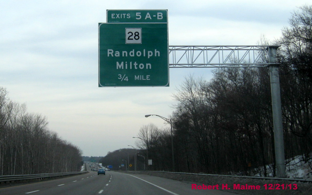 Image of new MA 28 Exit Overhead sign on I-93/US 1 North in Randolph, 12/21/13