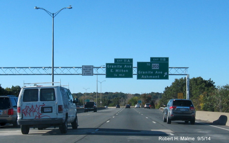 Newly placed overhead signs on I-93 South in Milton