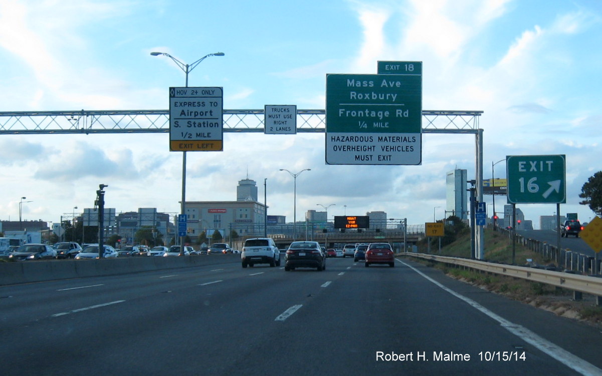 Image of No Exit 17 sign on I-93 North in Dorchester removed as part of exit renumbering project, May 2021