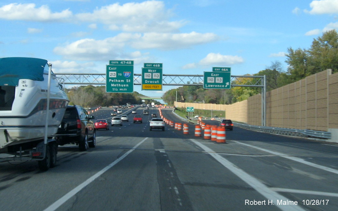 Image of new overhead signs for new 2-ramp MA 110/113 exit on I-93 North in Methuen