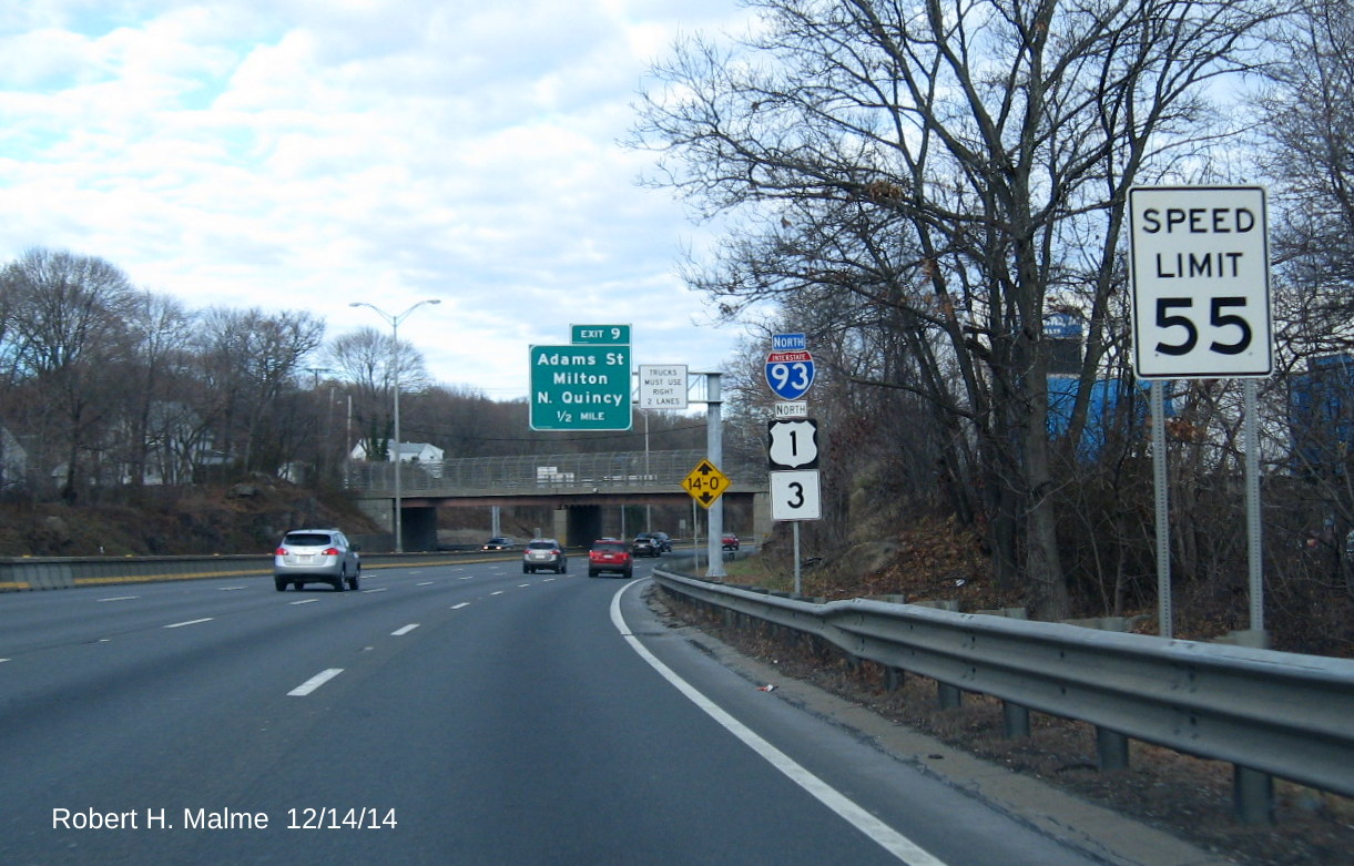 Image of new Reassurance Markers and surrounding new signage before Exit 9 on I-93 North in Quincy