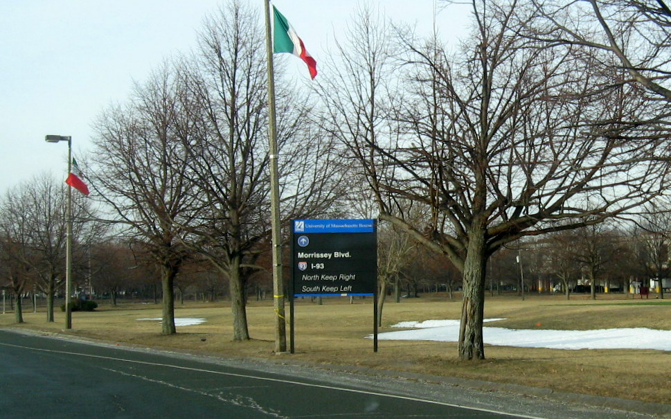 Image of exit signage from UMass Boston campus at Morrissey Blvd, Feb. 2014