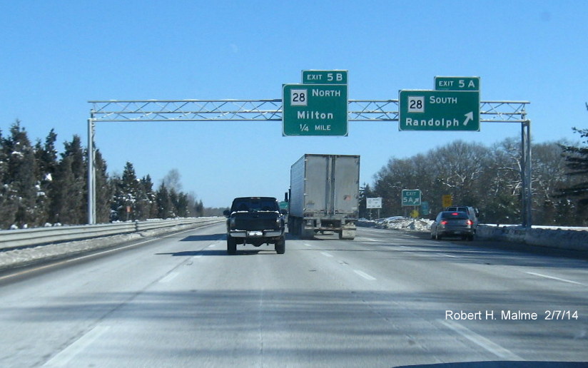 Image of new overhead signage for MA 28 exit on I-93 North in Randolph on Feb. 7, 2014