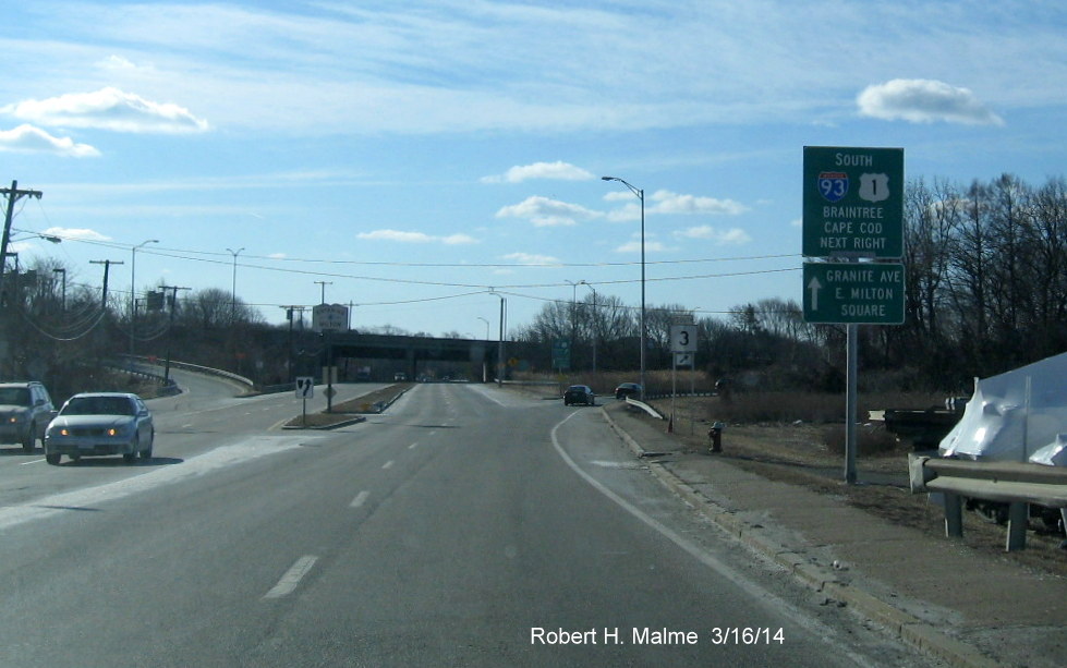 Image of new MA 3 trailblazer to accompany I-93/US 1 guide signs on Granite Ave in Milton