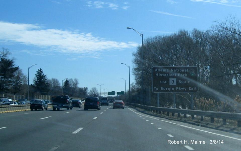 Image of Brown Auxiliary Sign for Adams Park on I-93 South in Milton