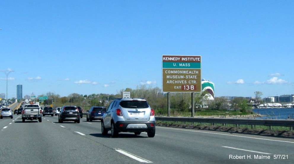 Image of brown auxiliary sign for Morrissey Blvd. exit with new milepost based exit numbers on I-93/Southeast Expressway North in Dorchester, May 2021