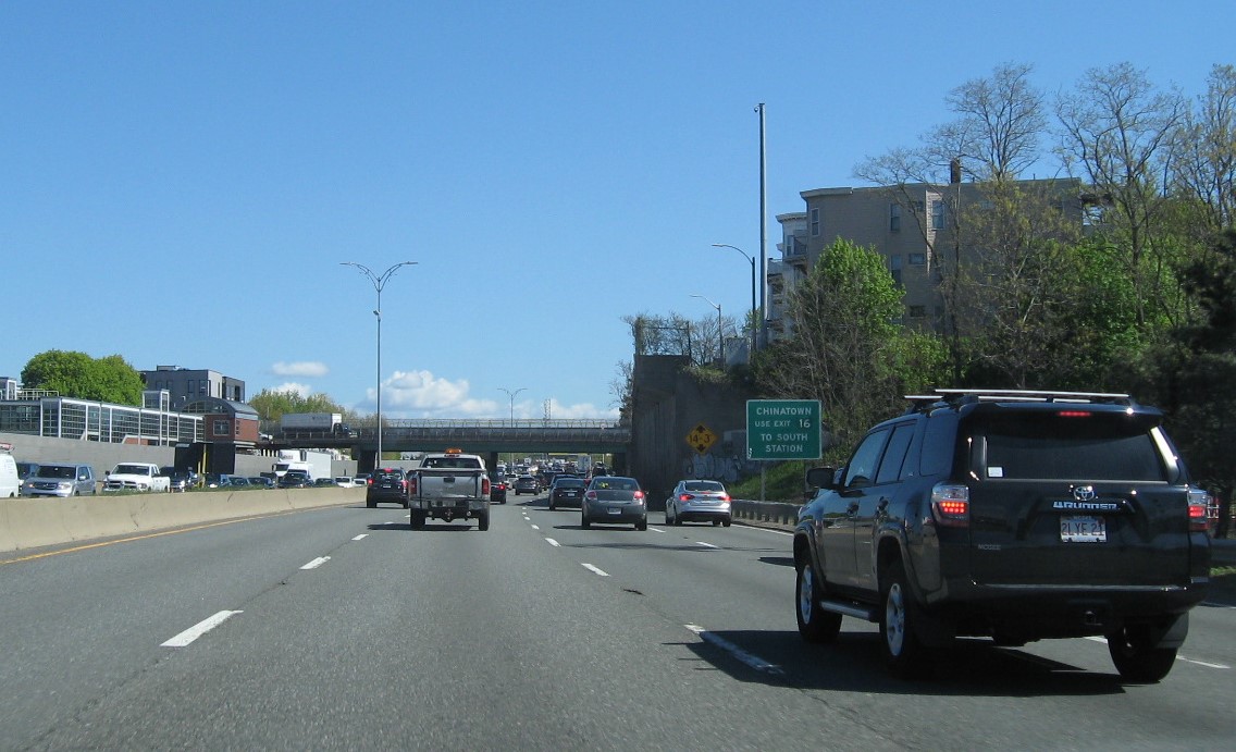 Image of auxiliary sign for Southampton Street exit with new milepost based exit number on I-93/Southeast Expressway North in Dorchester, May 2021