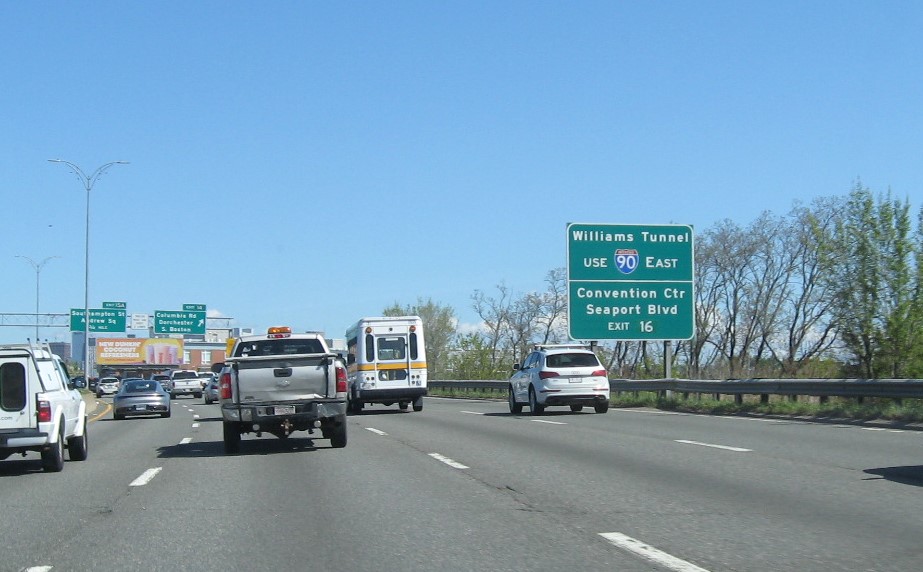 Image of auxilary sign for I-90 and Southampton Street exits with new milepost based exit number on I-93 North in Dorchester, May 2021