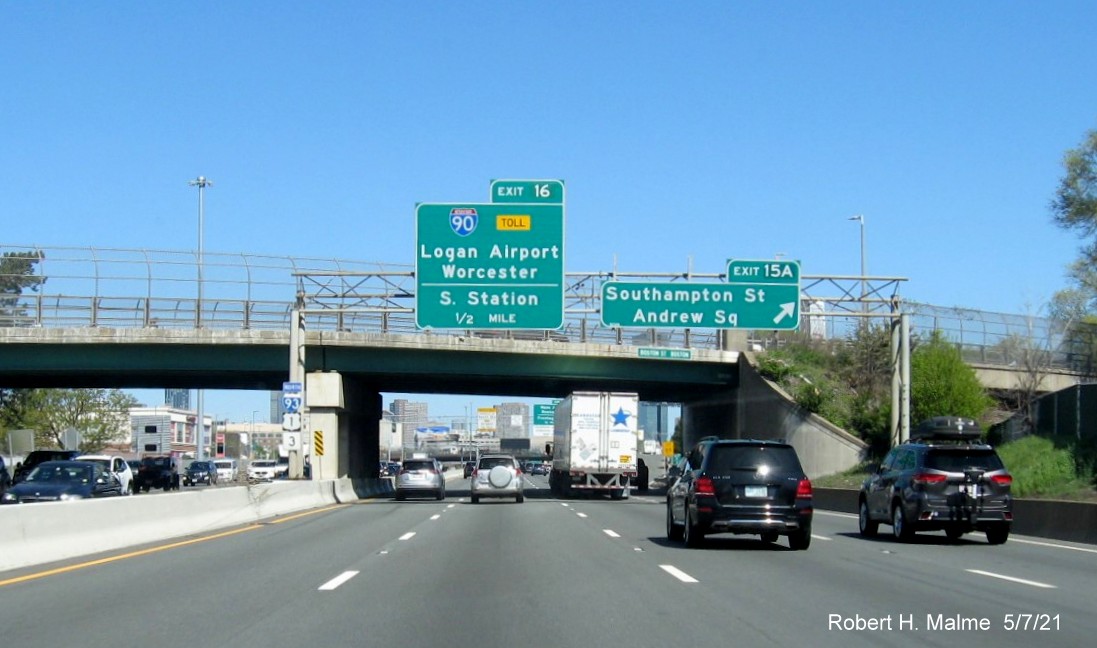 Image of 1/4 Mile advance sign for Southampton Street exits with new milepost based exit number on I-93 North in Dorchester, May 2021